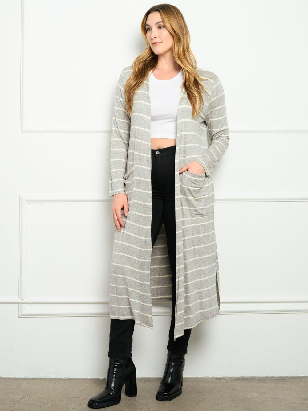 PLUS SIZE STRIPES WITH POCKETS LONG SLEEVE CARDIGAN