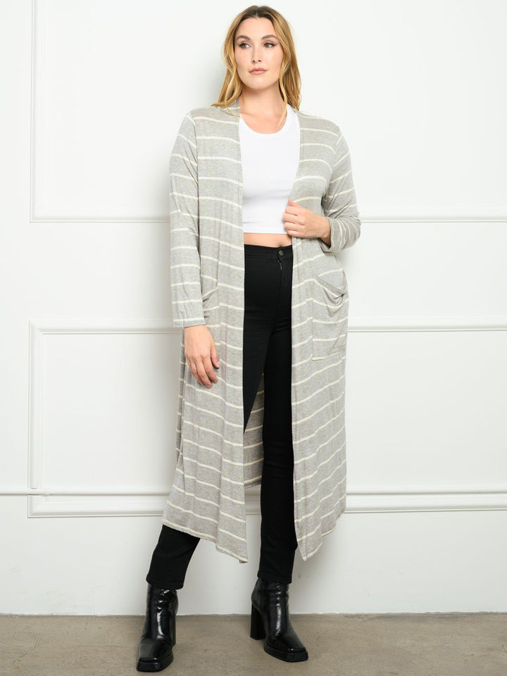 PLUS SIZE STRIPES WITH POCKETS LONG SLEEVE CARDIGAN