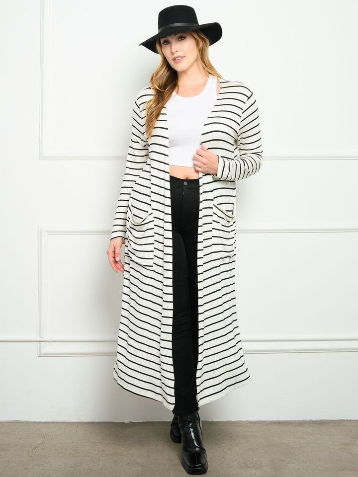 PLUS SIZE STRIPES WITH POCKETS LONG SLEEVE CARDIGAN