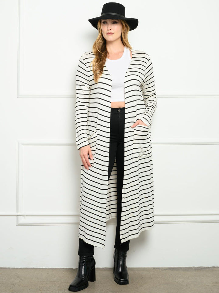 PLUS SIZE STRIPES WITH POCKETS LONG SLEEVE CARDIGAN