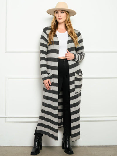 PLUS SIZE STRIPES WITH POCKETS LONG SLEEVE CARDIGAN