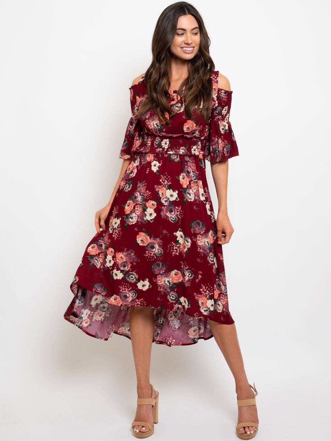 WOMEN'S COLD SHOULDER MIDI DRESS