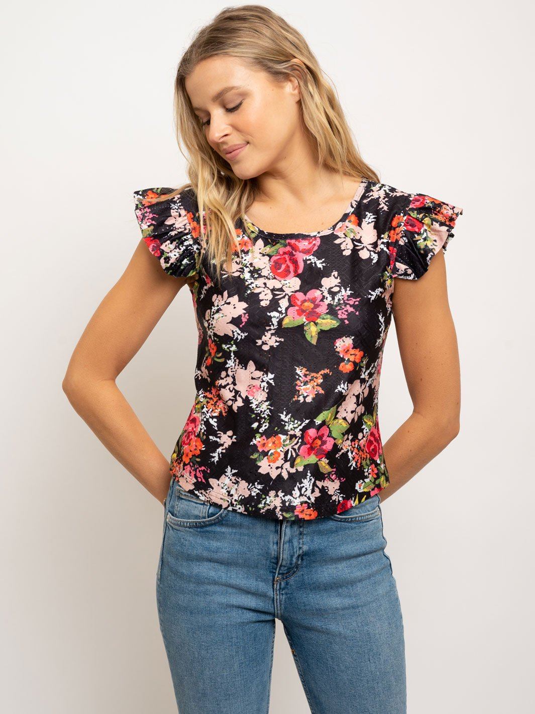 WOMEN'S RUFFLE SLEEVE EYELET TOP