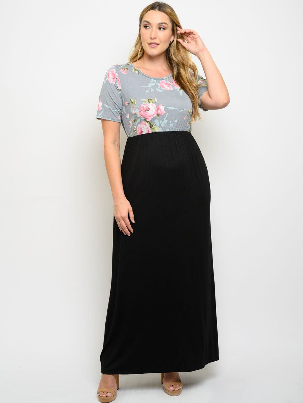 PLUS SIZE FLORAL CONTRAST WITH POCKETS MAXI DRESS