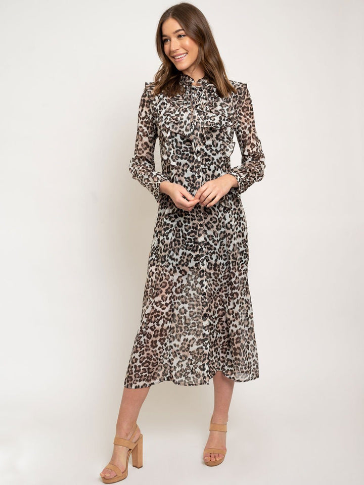WOMEN'S RUFFLE NECK LEOPARD PRINT MAXI DRESS