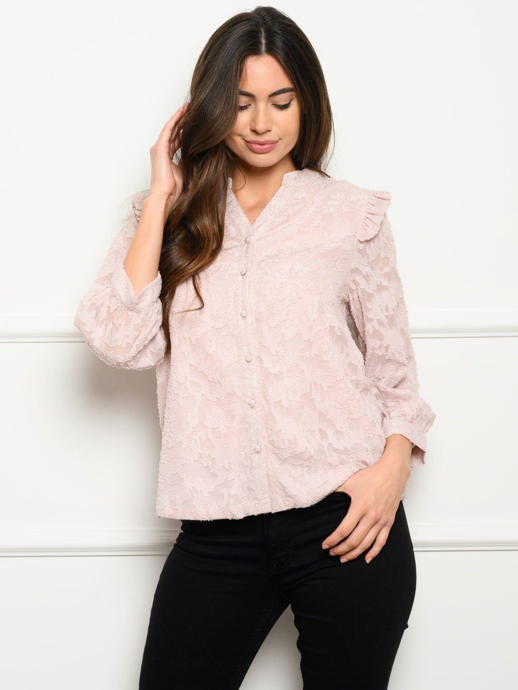 WOMEN'S 3/4 SLEEVE BUTTON LOOP FLORAL TOP