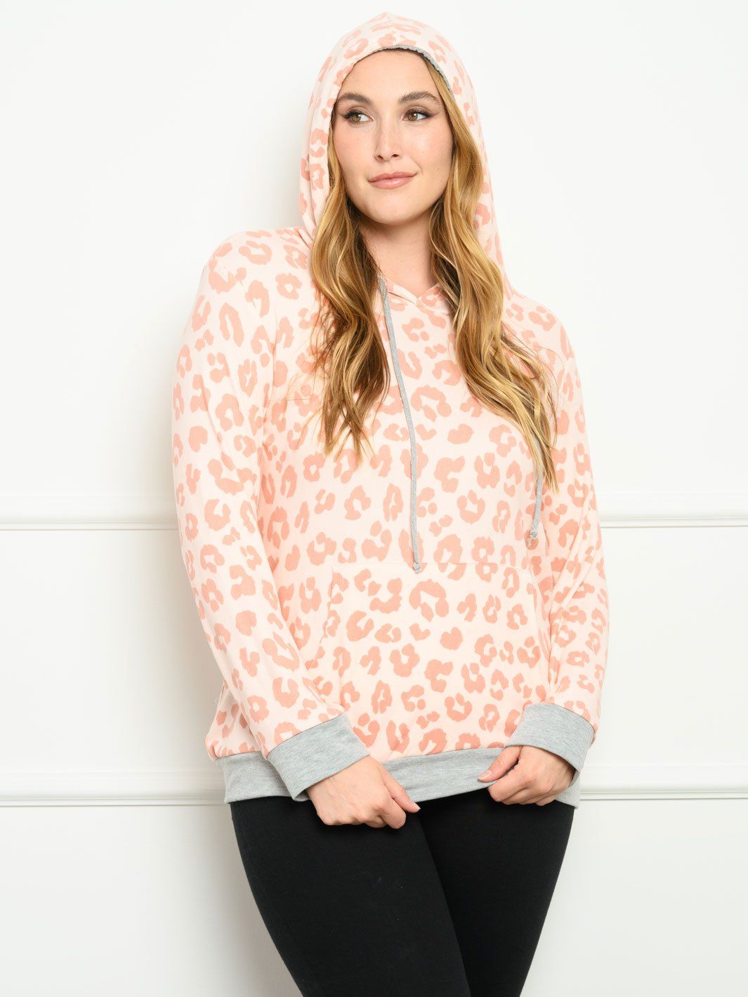 PLUS SIZE LONG SLEEVE ANIMAL PRINT HOODIE TOP