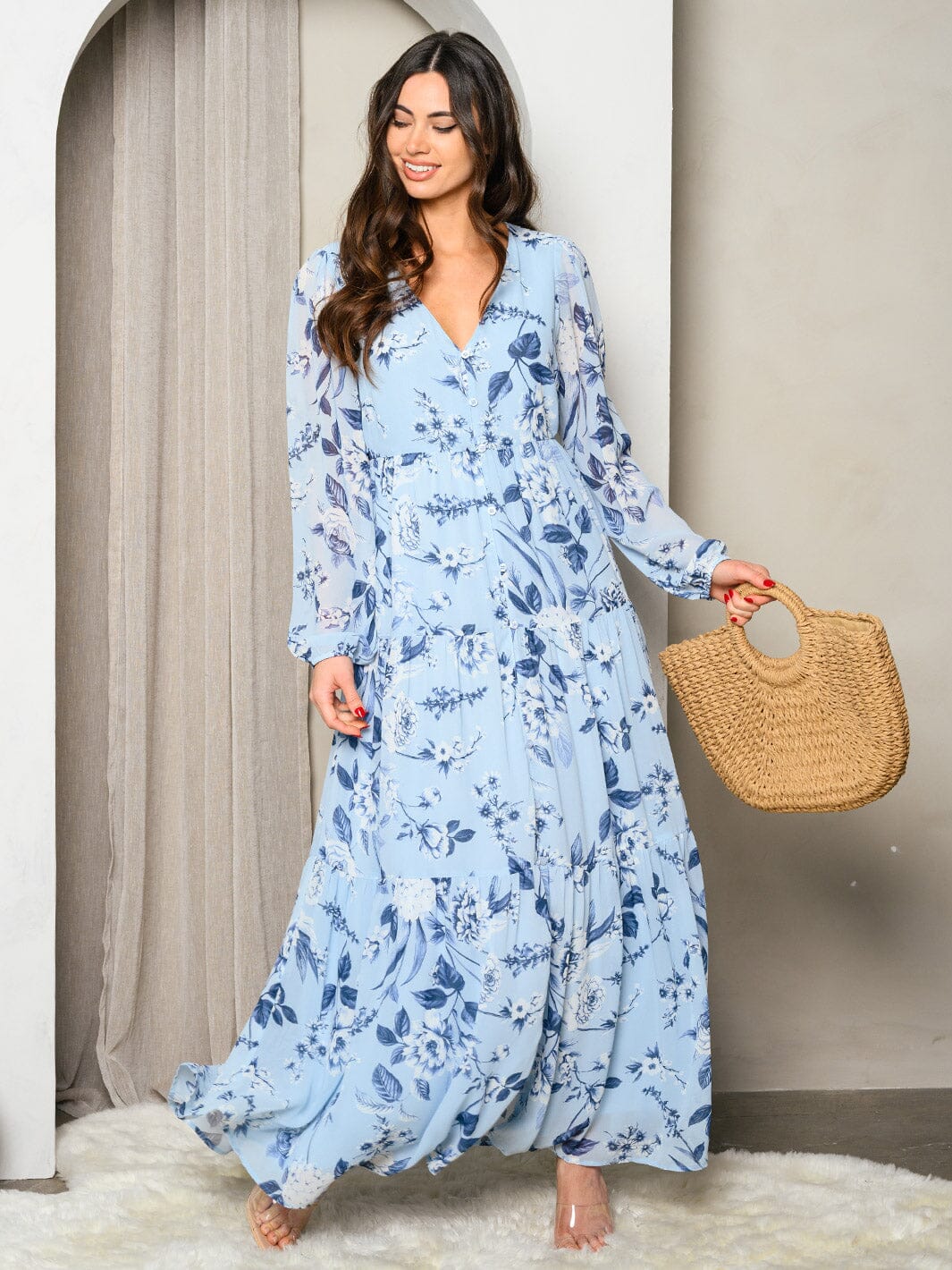 WOMEN'S LONG SLEEVE BUTTON UP TIERED FLORAL MAXI DRESS