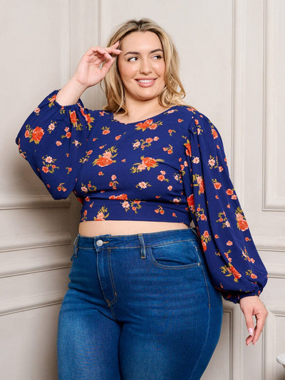 PLUS SIZE LONG PUFF SLEEVE FLORAL CROP TOP