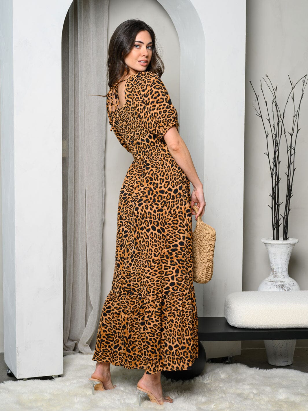 WOMEN'S SHORT SLEEVE WOVEN LEOPARD MAXI DRESS
