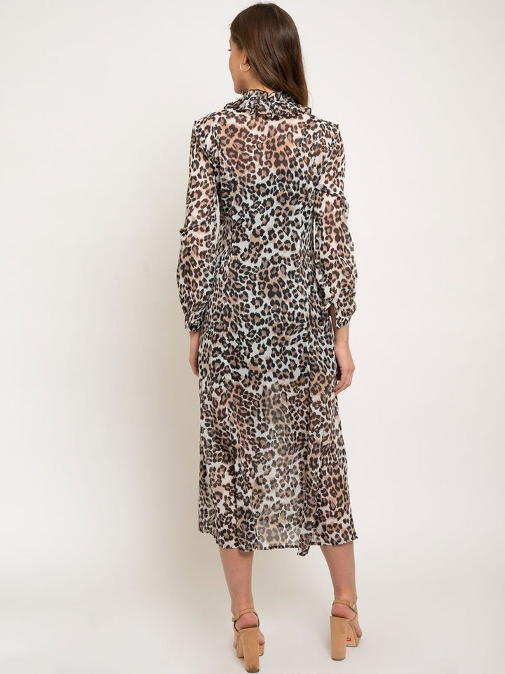 WOMEN'S RUFFLE NECK LEOPARD PRINT MAXI DRESS