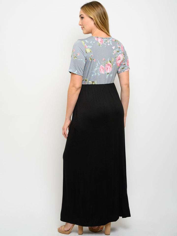 PLUS SIZE FLORAL CONTRAST WITH POCKETS MAXI DRESS