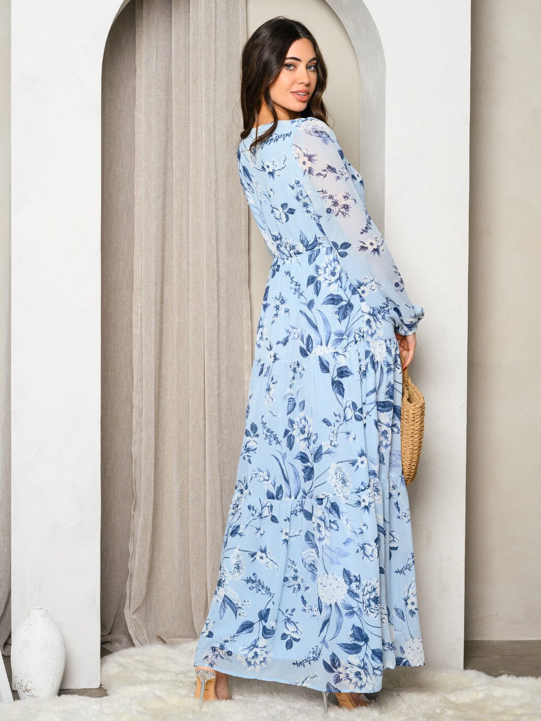 WOMEN'S LONG SLEEVE BUTTON UP TIERED FLORAL MAXI DRESS