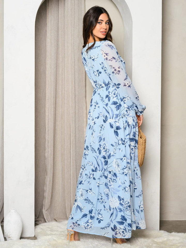 WOMEN'S LONG SLEEVE BUTTON UP TIERED FLORAL MAXI DRESS