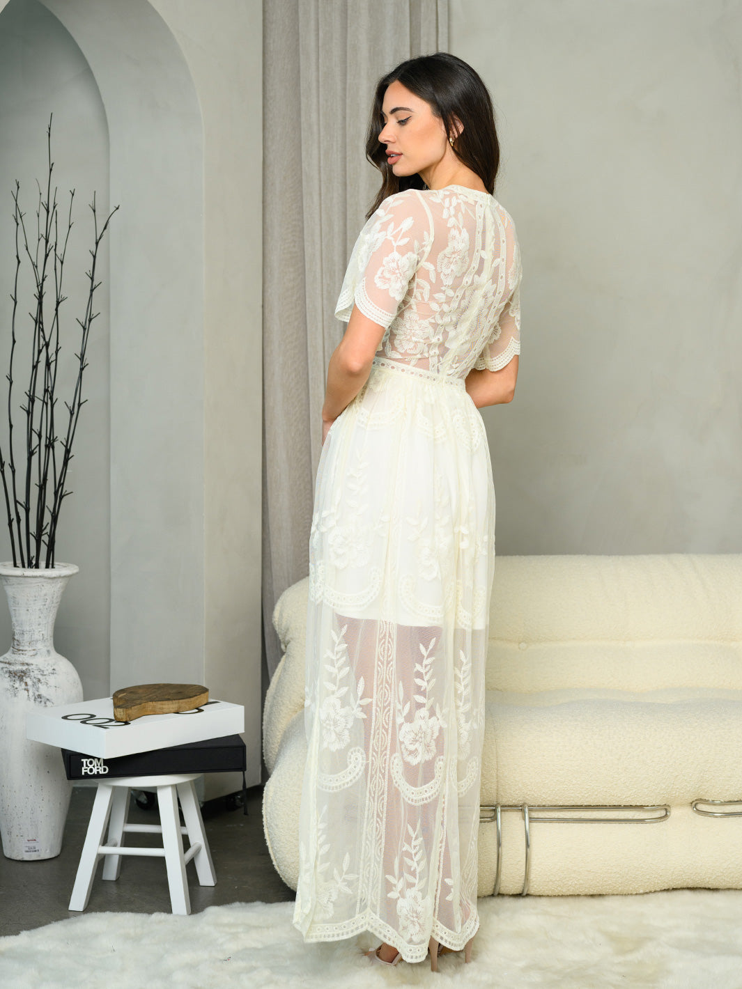WOMEN'S SHORT SLEEVE V-NECK ALL OVER LACE MAXI DRESS