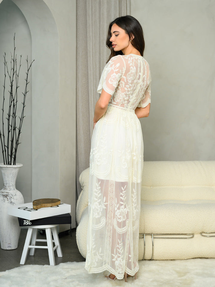 WOMEN'S SHORT SLEEVE V-NECK ALL OVER LACE MAXI DRESS