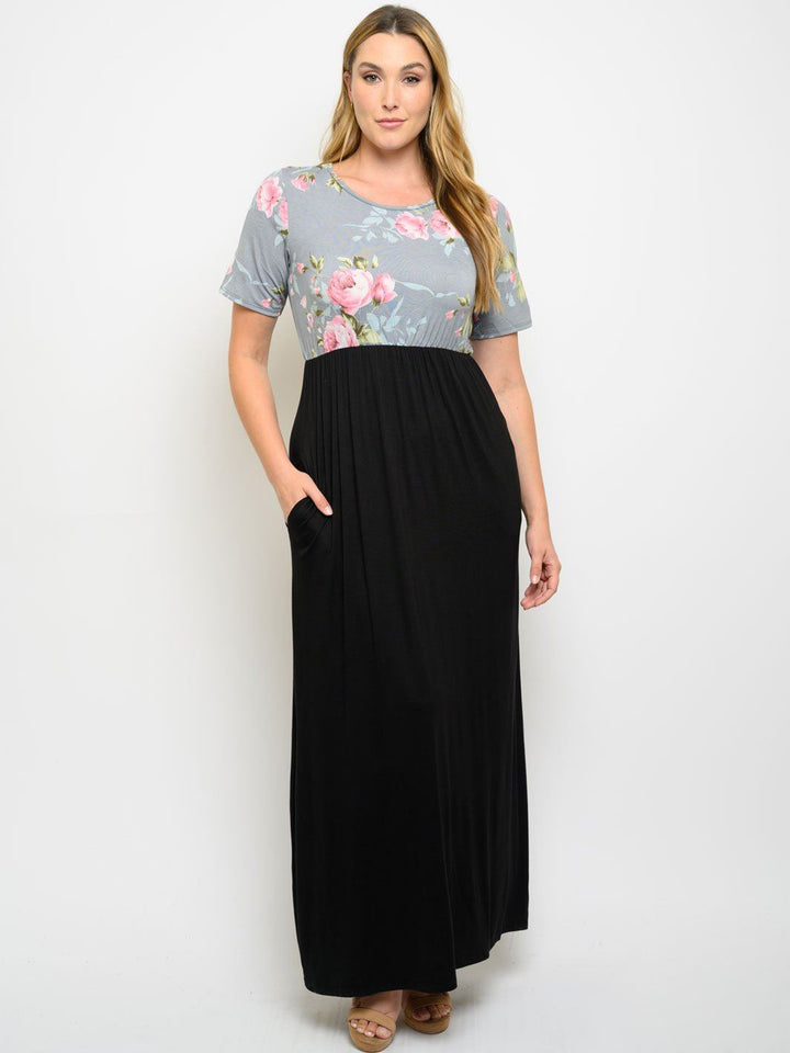 PLUS SIZE FLORAL CONTRAST WITH POCKETS MAXI DRESS