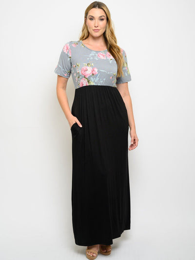 PLUS SIZE FLORAL CONTRAST WITH POCKETS MAXI DRESS