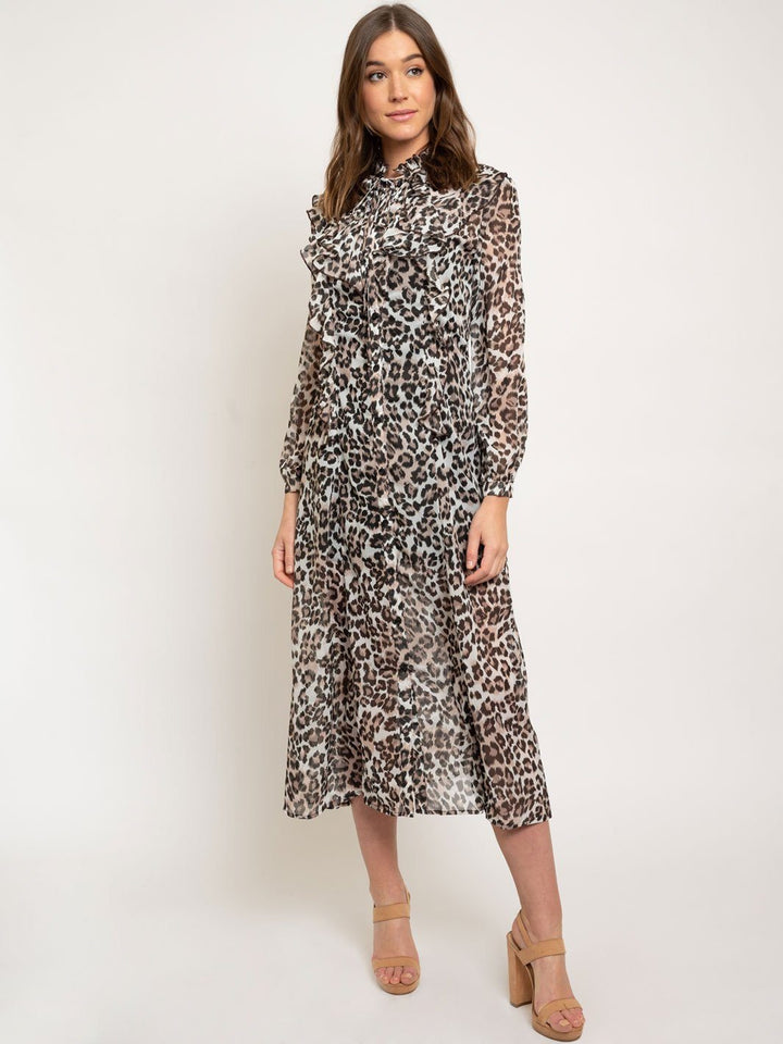 WOMEN'S RUFFLE NECK LEOPARD PRINT MAXI DRESS