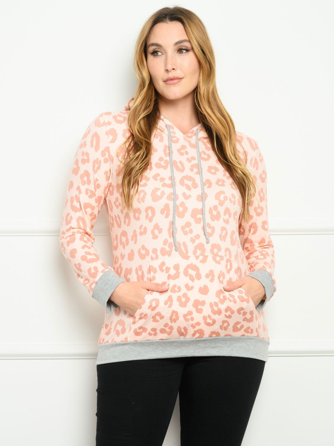 PLUS SIZE LONG SLEEVE ANIMAL PRINT HOODIE TOP