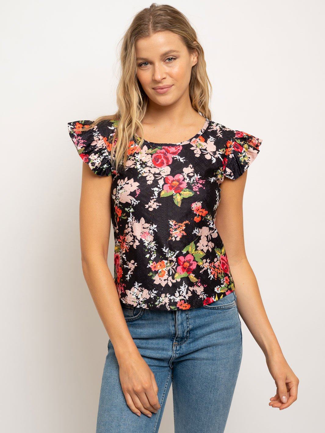 WOMEN'S RUFFLE SLEEVE EYELET TOP