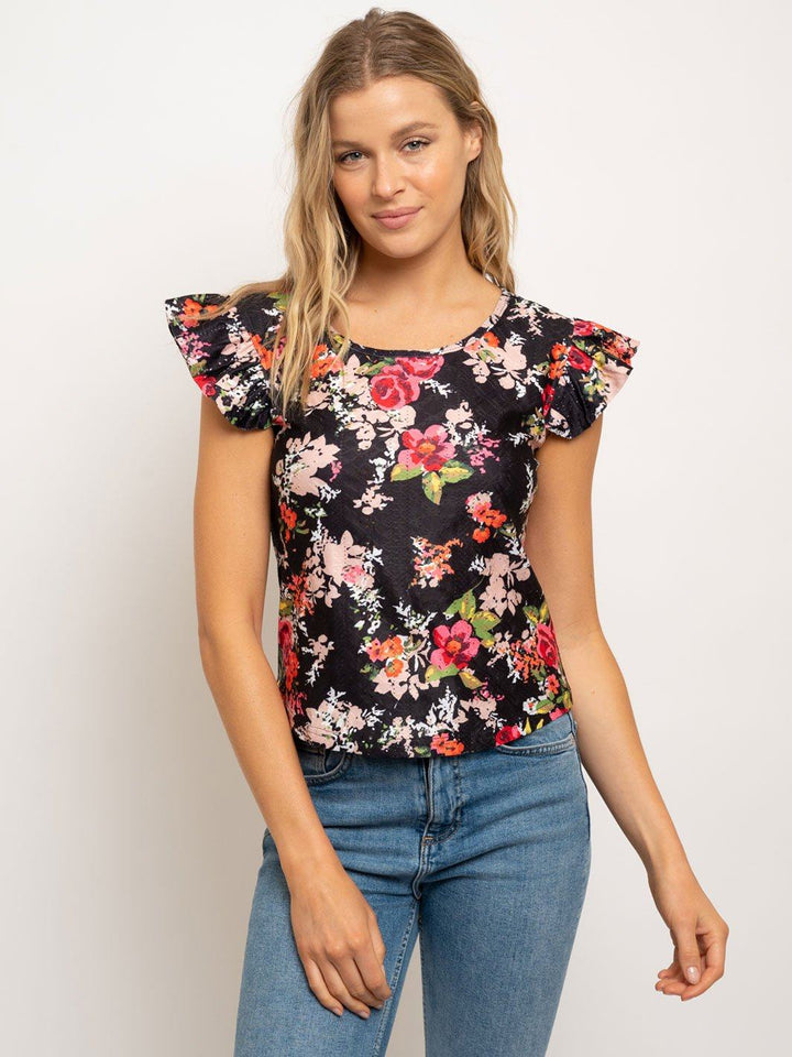 WOMEN'S RUFFLE SLEEVE EYELET TOP