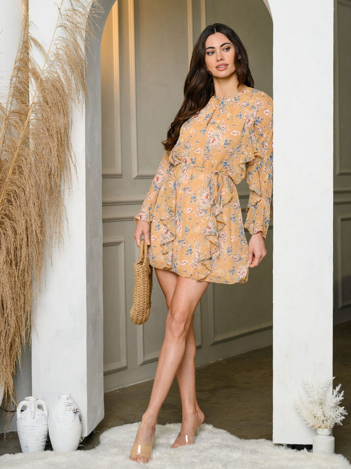 WOMEN'S LONG SLEEVE FLORAL RUFFLE MINI DRESS