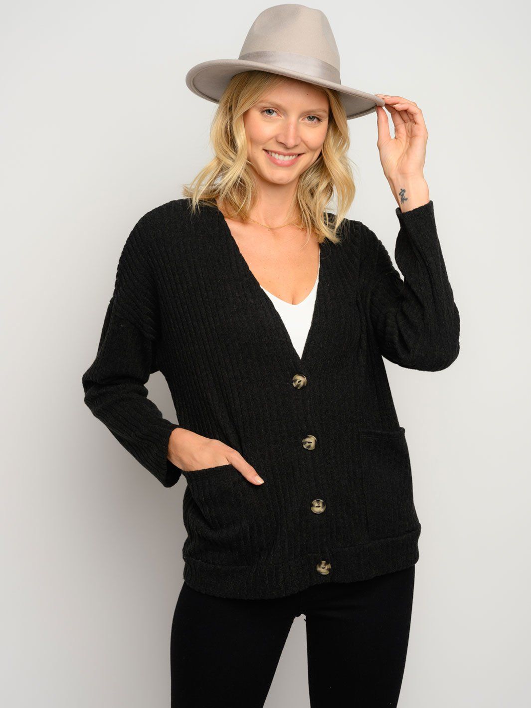 WOMEN'S RIBBED LONG SLEEVE BUTTON CLOSURE POCKETS CARDIGAN