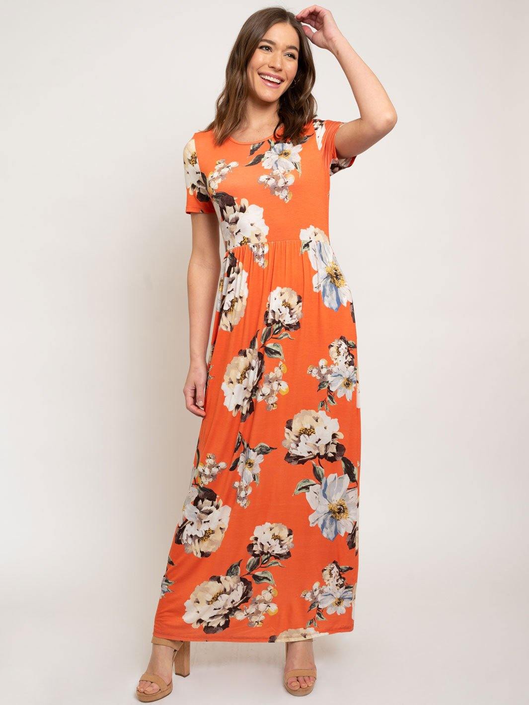 WOMEN'S MAXI FLORAL SHORT SLEEVE W/POCKETS DRESS