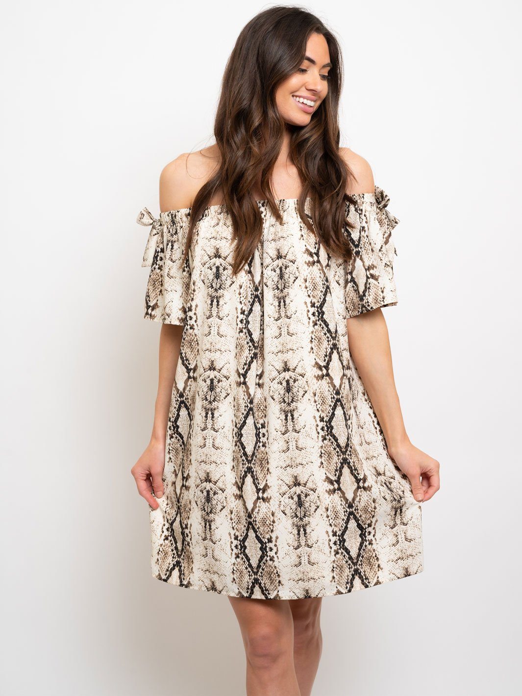 WOMEN'S OFF THE SHOULDER ANIMAL PRINT MIDI DRESS