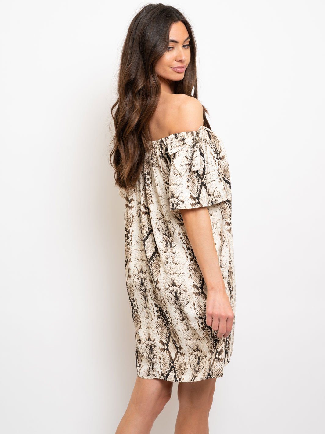 WOMEN'S OFF THE SHOULDER ANIMAL PRINT MIDI DRESS