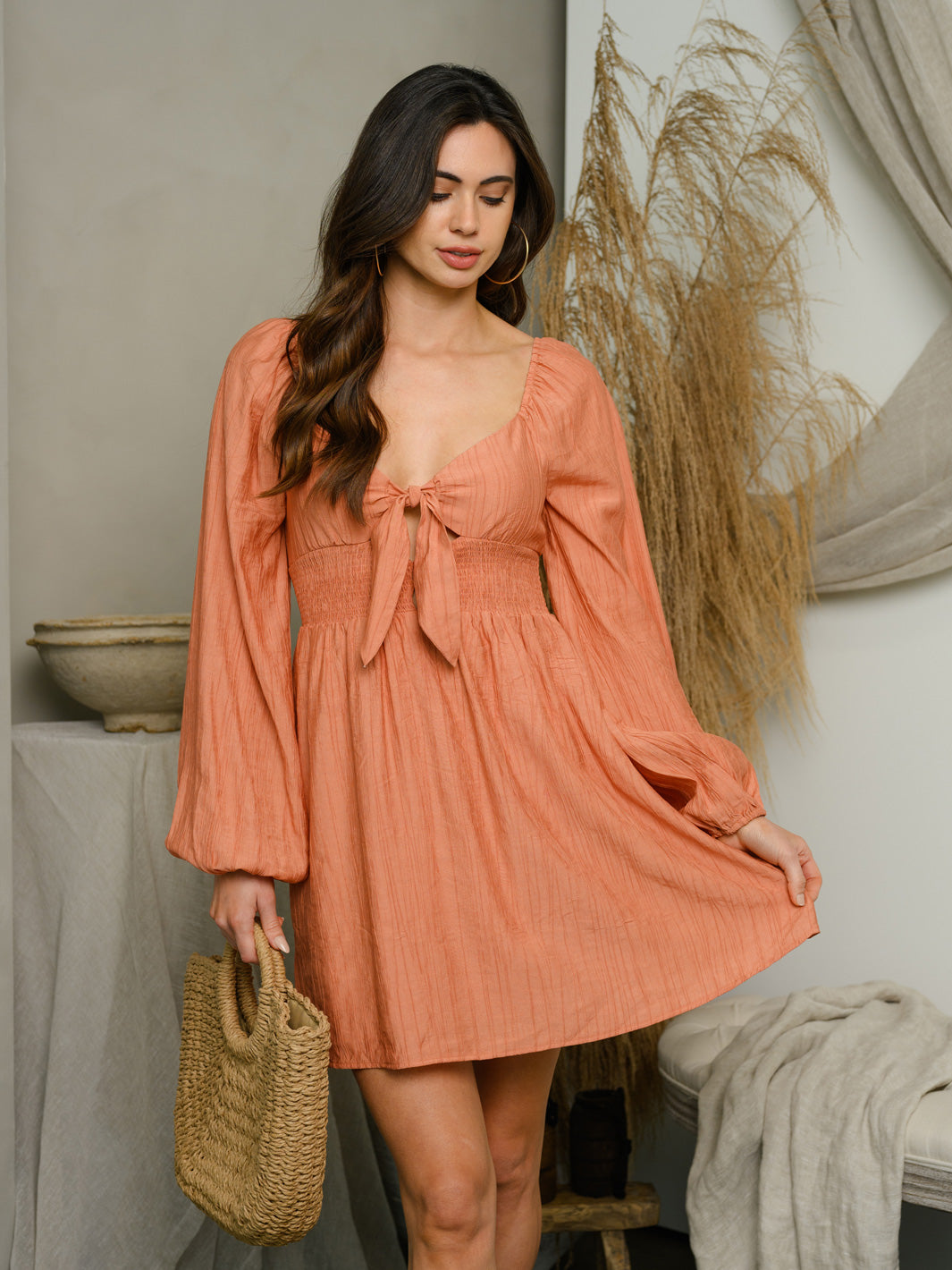 WOMEN'S SWEET HEART NECK LONG SLEEVE MINI DRESS