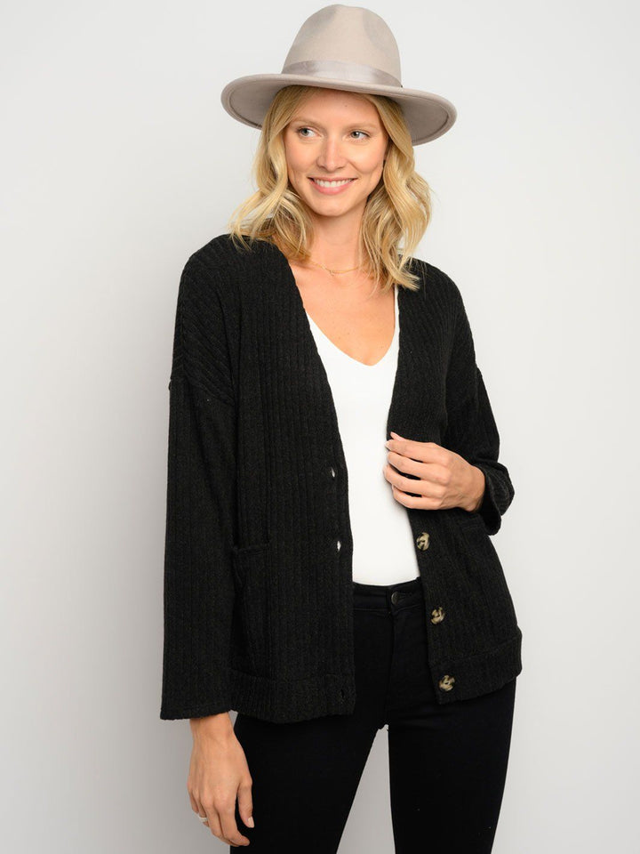 WOMEN'S RIBBED LONG SLEEVE BUTTON CLOSURE POCKETS CARDIGAN