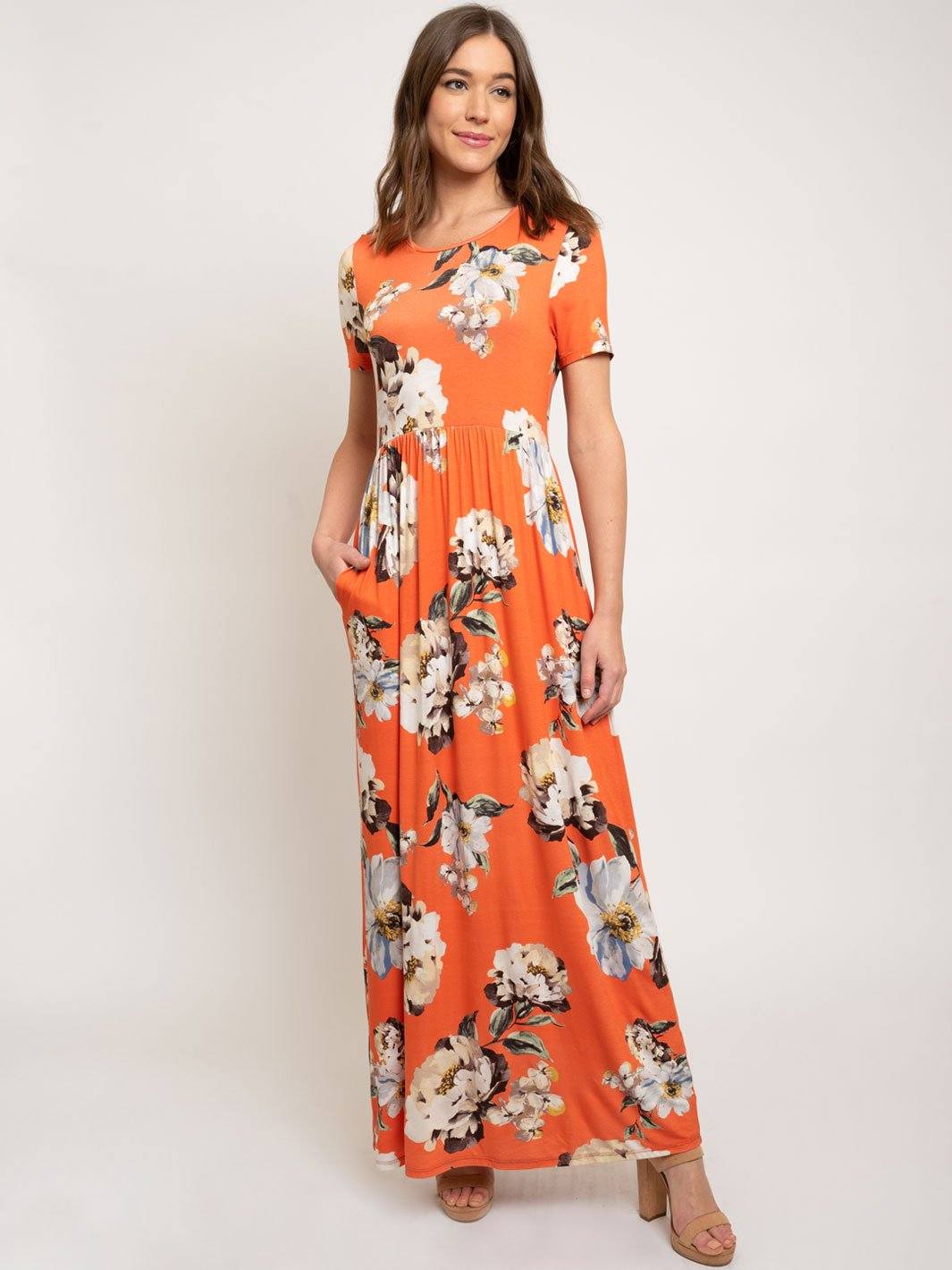 WOMEN'S MAXI FLORAL SHORT SLEEVE W/POCKETS DRESS