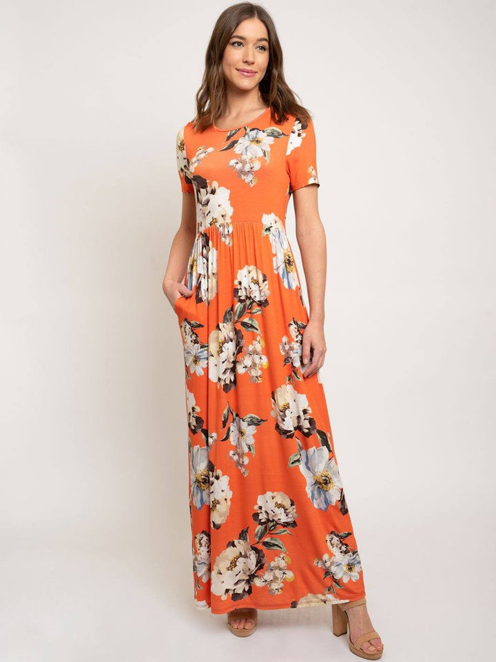 WOMEN'S MAXI FLORAL SHORT SLEEVE W/POCKETS DRESS