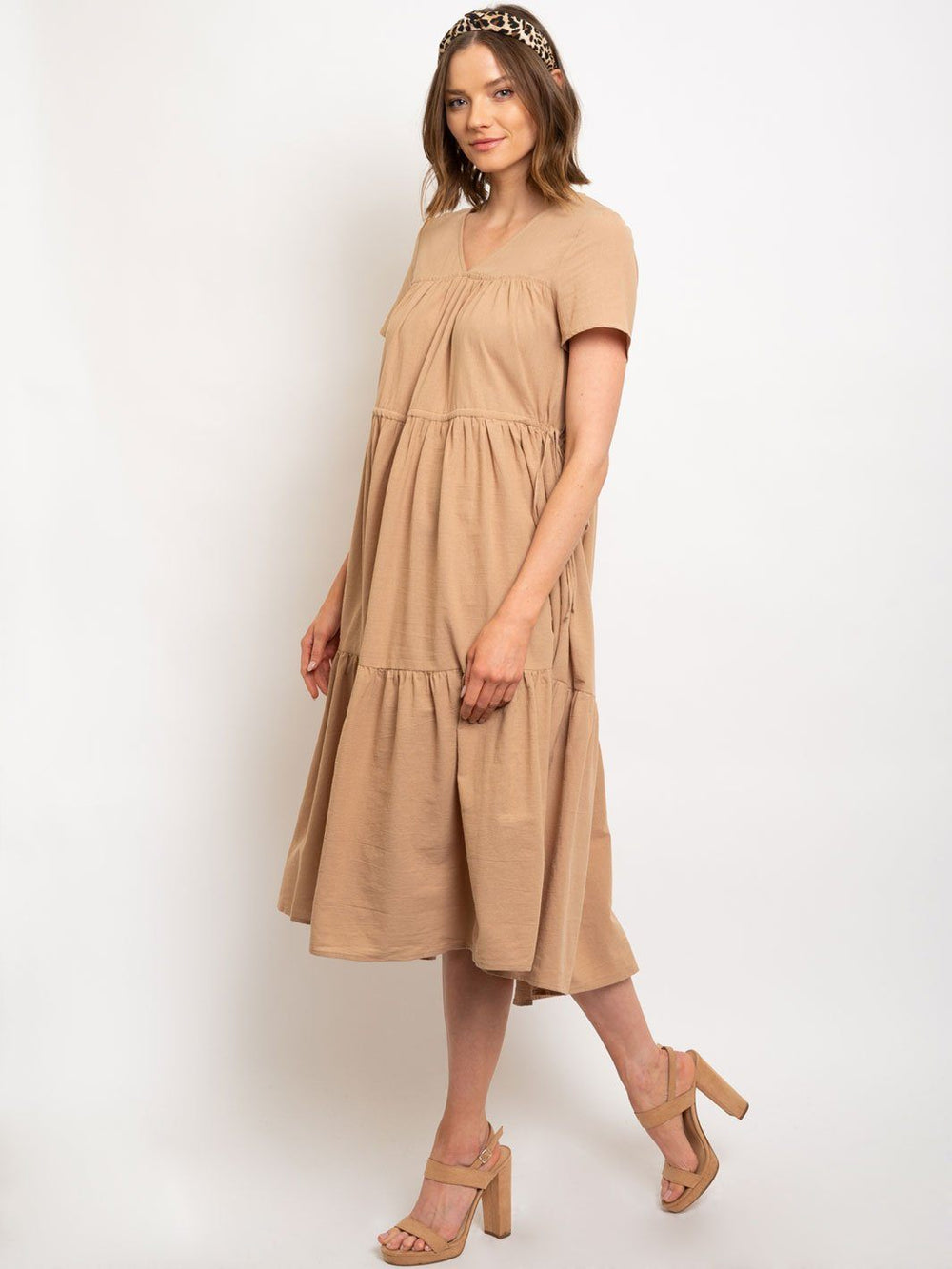 WOMEN'S V-NECK TIERED MIDI DRESS