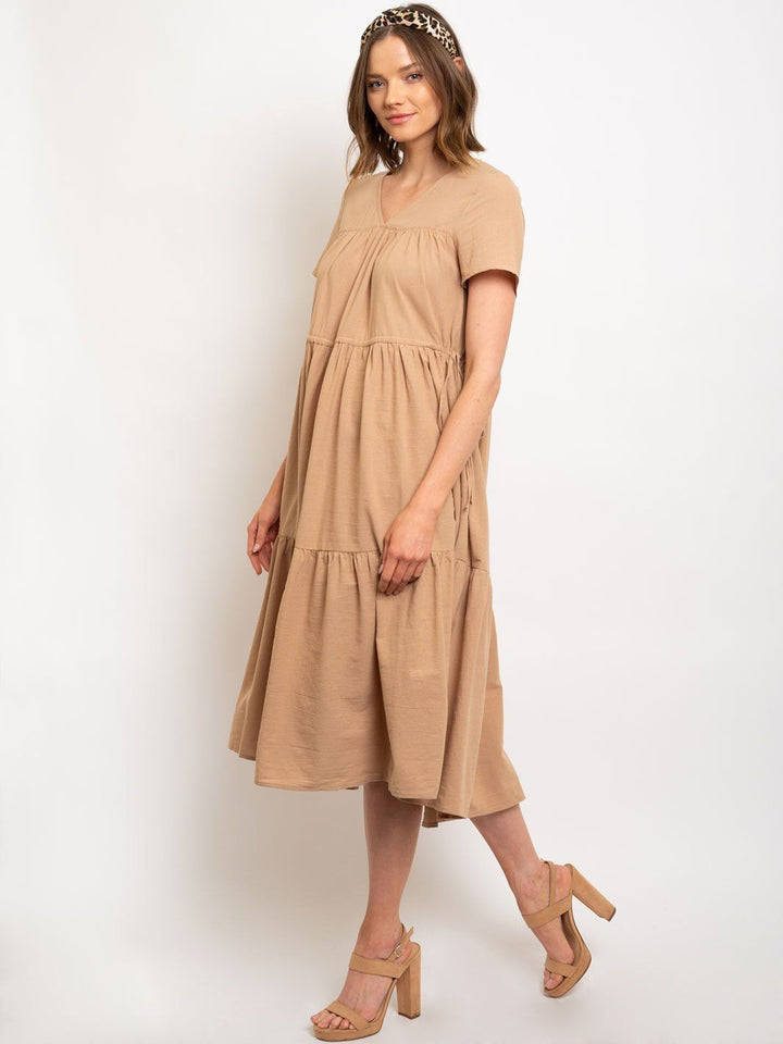 WOMEN'S V-NECK TIERED MIDI DRESS