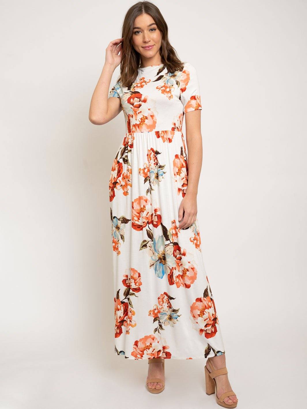 WOMEN'S MAXI FLORAL SHORT SLEEVE W/POCKETS DRESS