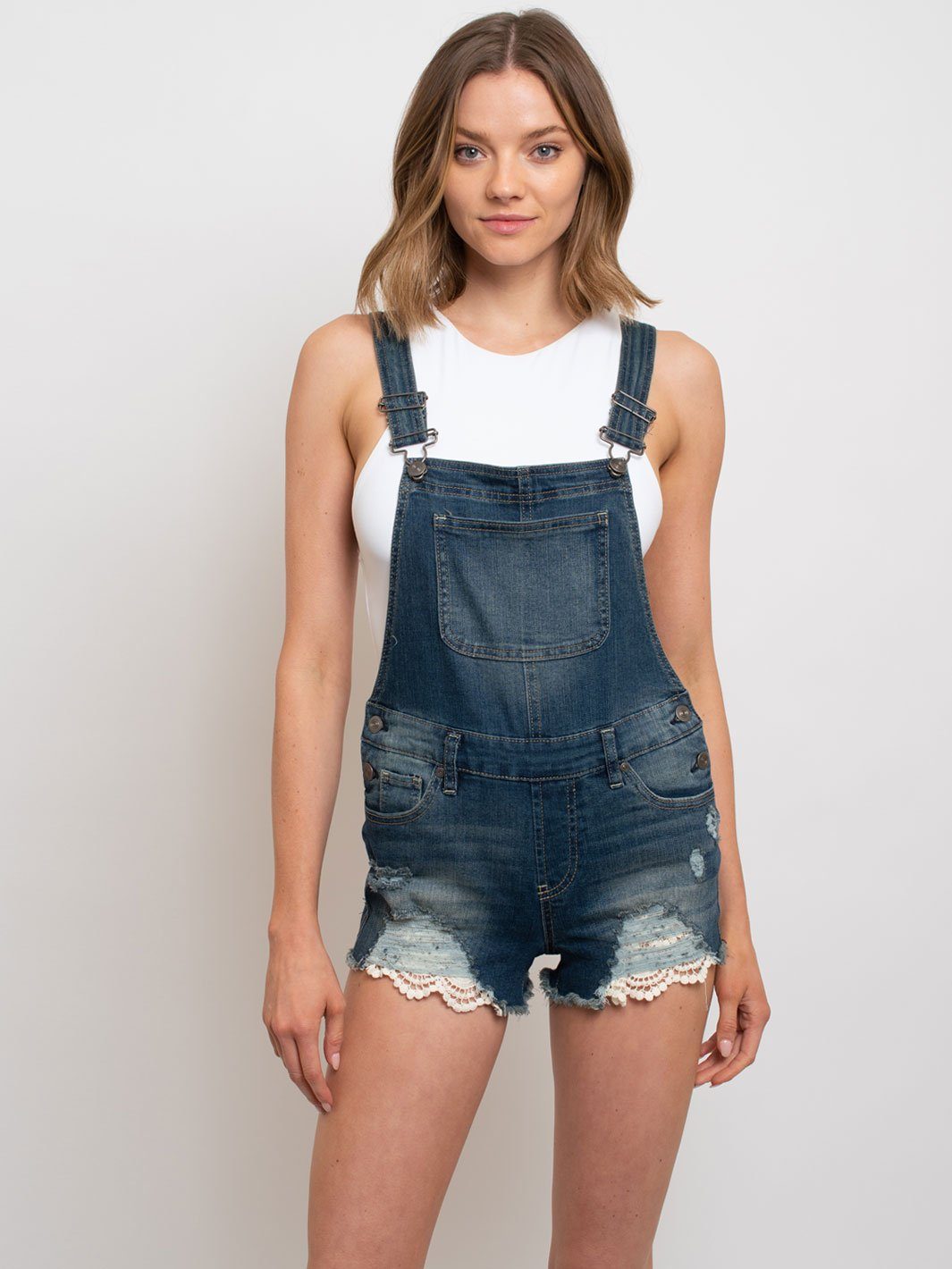 WOMEN'S DENIM DISTRESS CROCHET DETAIL OVERALL