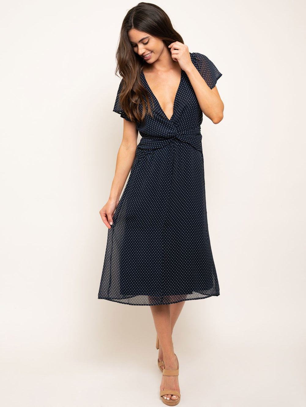 WOMEN'S POLKA DOTS V-NECK MIDI DRESS
