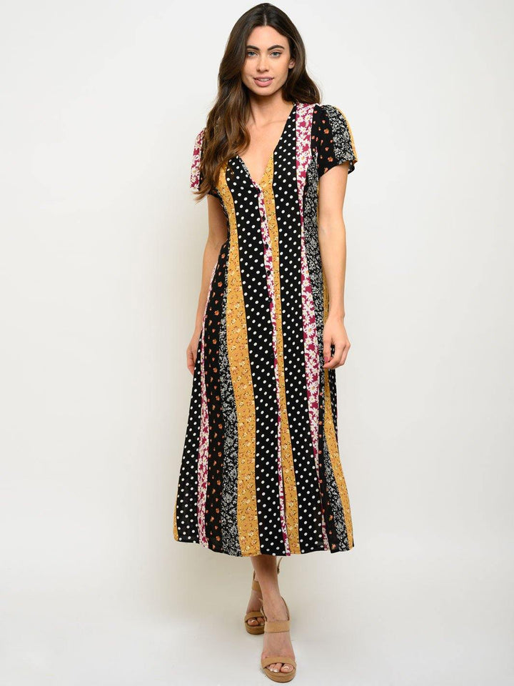 WOMEN'S BUTTON UP MULTI PRINT MAXI DRESS