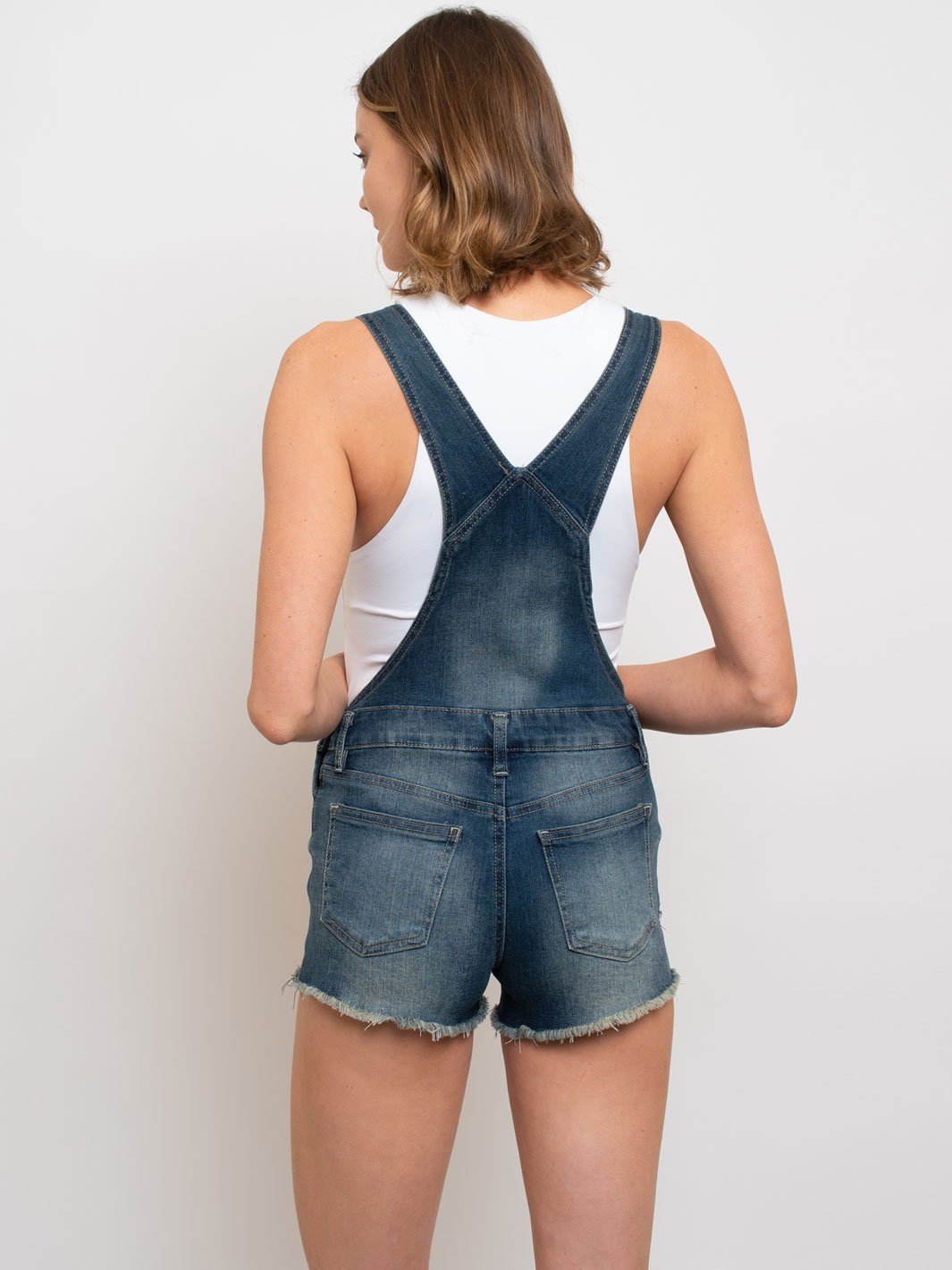 WOMEN'S DENIM DISTRESS CROCHET DETAIL OVERALL