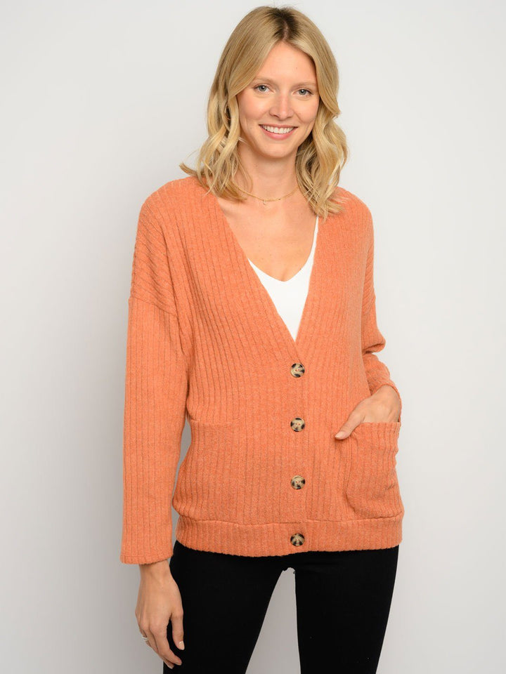 WOMEN'S RIBBED LONG SLEEVE BUTTON CLOSURE POCKETS CARDIGAN