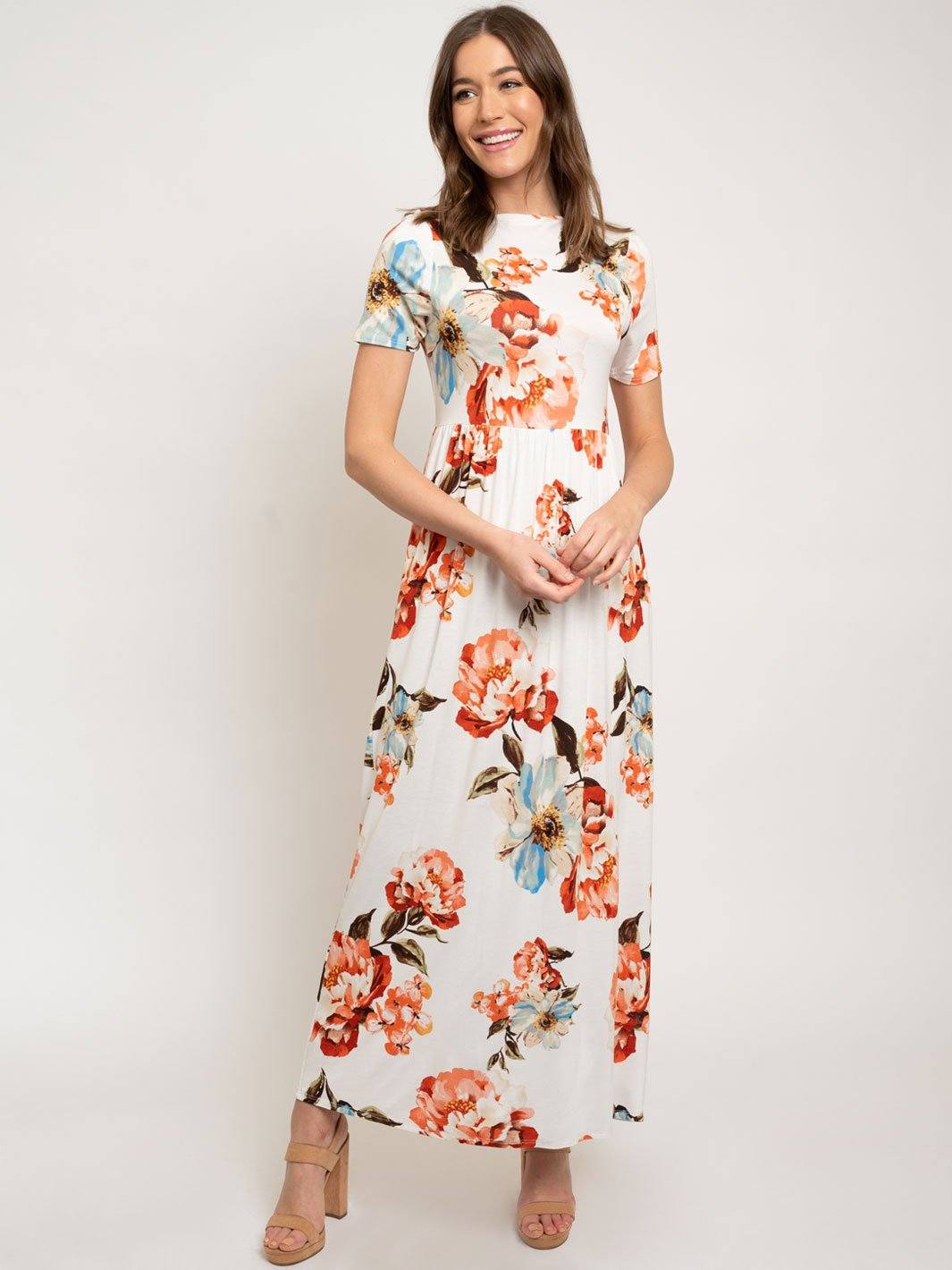 WOMEN'S MAXI FLORAL SHORT SLEEVE W/POCKETS DRESS
