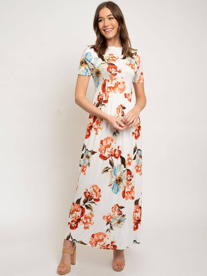 WOMEN'S MAXI FLORAL SHORT SLEEVE W/POCKETS DRESS