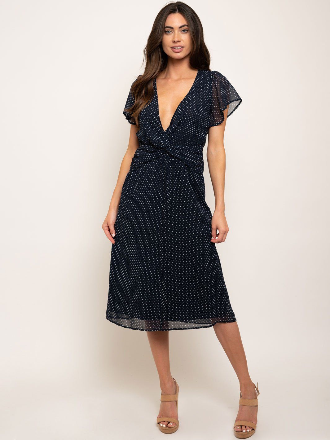 WOMEN'S POLKA DOTS V-NECK MIDI DRESS