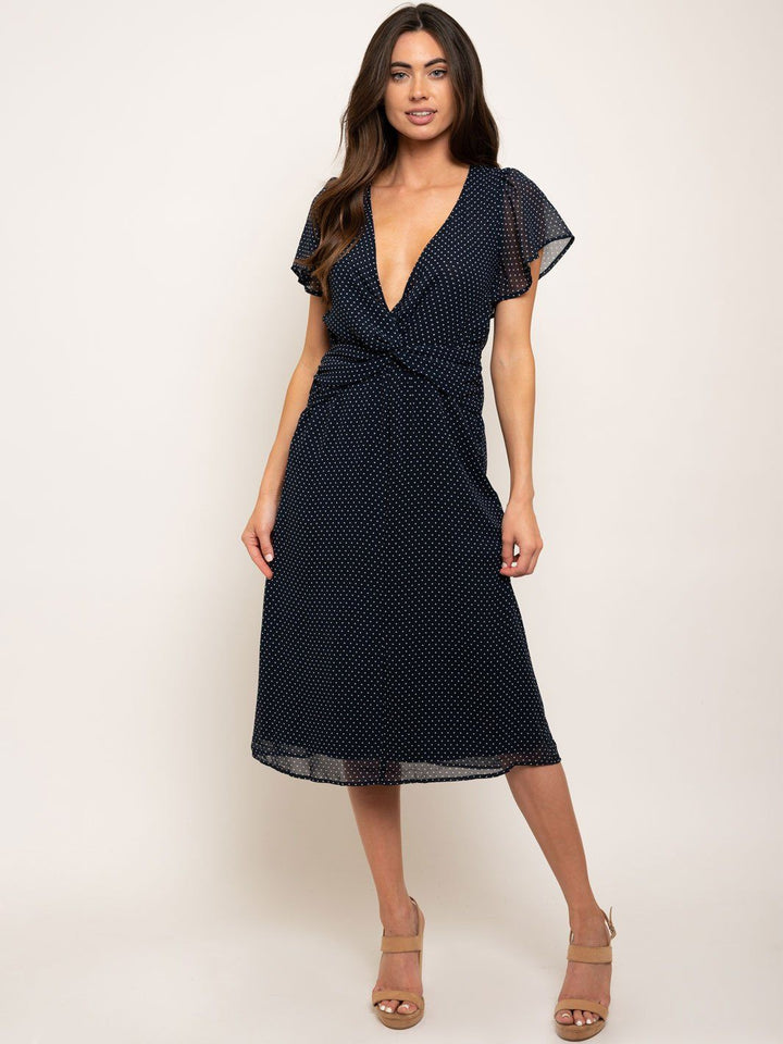 WOMEN'S POLKA DOTS V-NECK MIDI DRESS