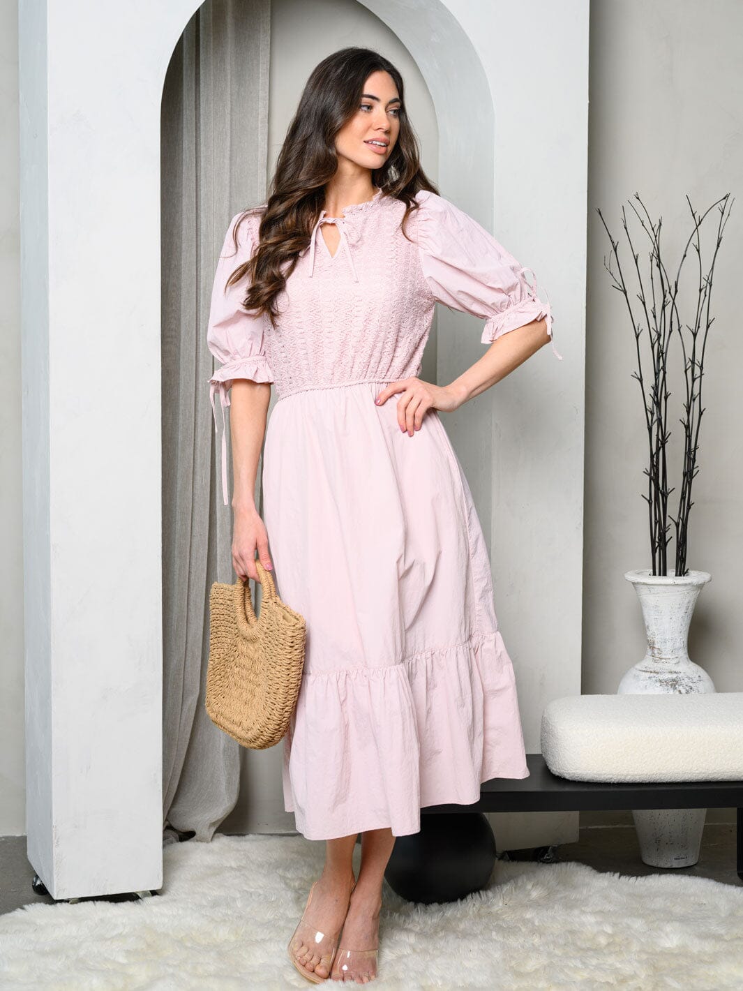 WOMEN'S SHORT PUFF SLEEVE DETAILED MIDI DRESS