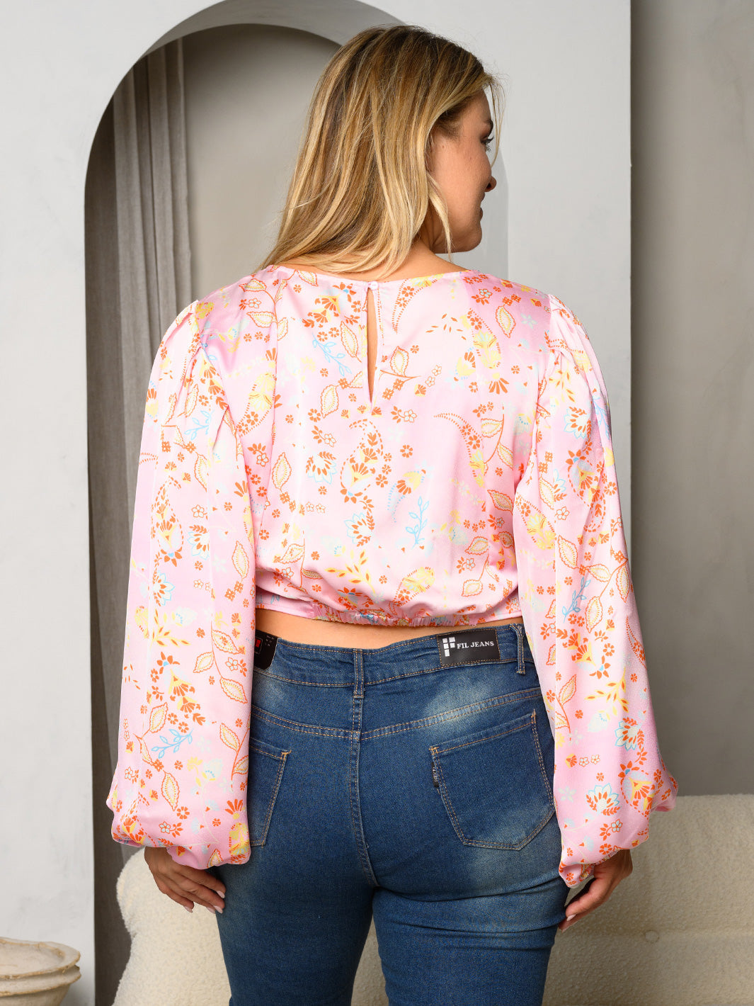 PLUS SIZE LONG PUFF SLEEVE FLORAL TOP