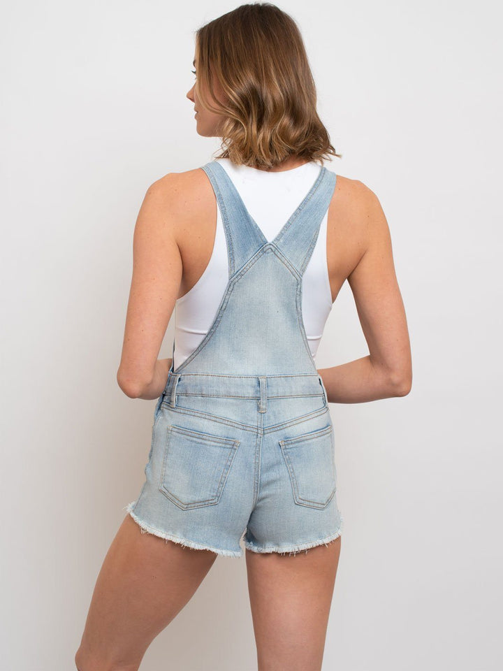 WOMEN'S DENIM DISTRESS CROCHET DETAIL OVERALL